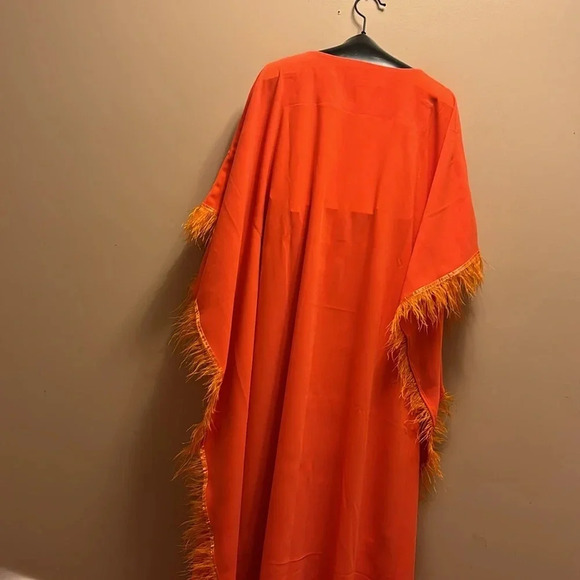 Vintage 1970’s Couture style Fashion Satin Osteich  Feather Trim Kaftan - Picture 12 of 15
